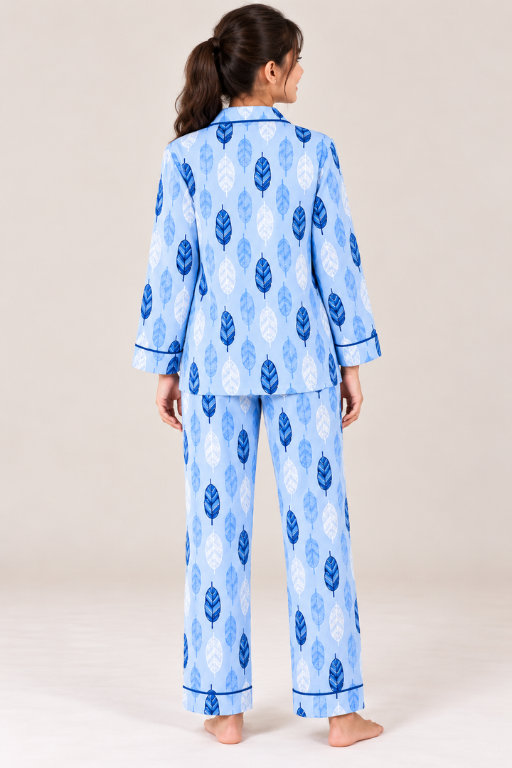 Blue Feather Cotton Flannel Long Sleeve Women's Night Suit
