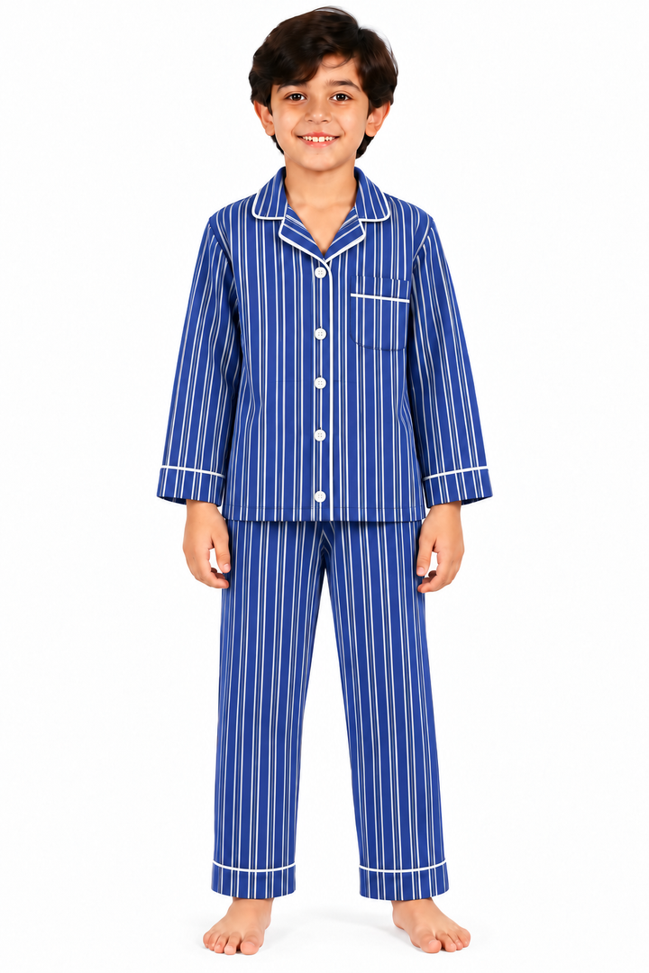 Blue & White Pinstripe Print  Long Sleeve kids Night Suit