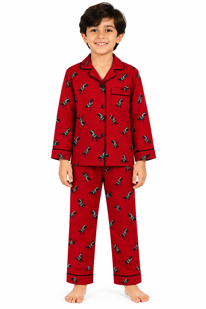 Festive Dino Cotton Flannel Long Sleeve Kids Night Suit