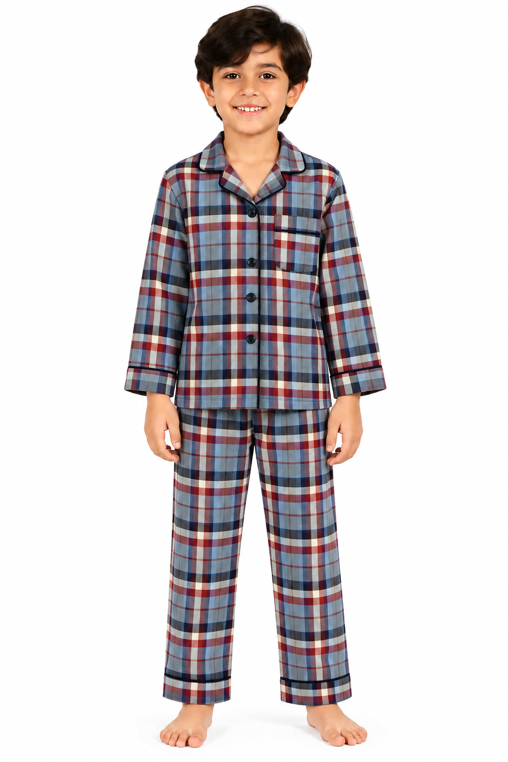 Blue Tartan Check Cotton Flannel Long Sleeve Kids Night Suit