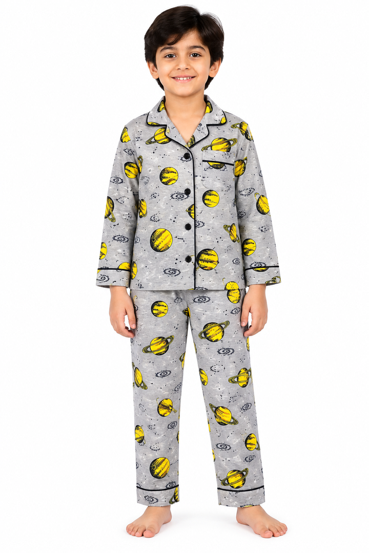 Yellow Planet Cotton Flannel Long Sleeve Kids Night Suit