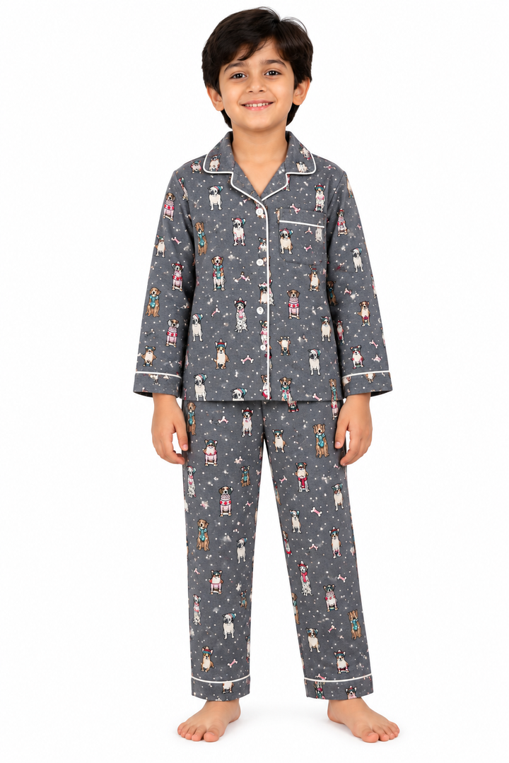 Cozy Paws Grey Dog Cotton Flannel Long Sleeve Kids Night Suit