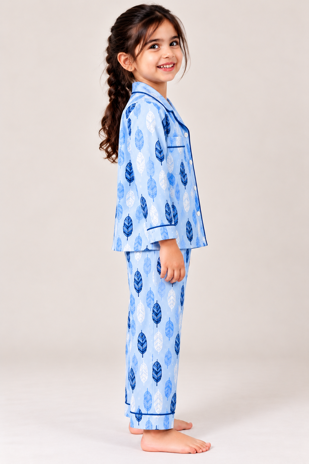 Blue Feather Cotton Flannel Long Sleeve Kids Night Suit