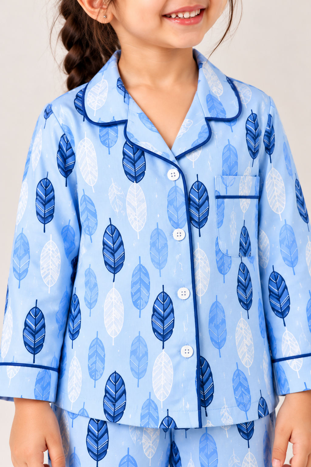 Blue Feather Cotton Flannel Long Sleeve Kids Night Suit