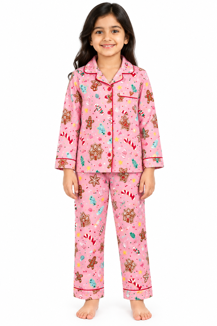 Pink Gingerbread Christmas Cotton Flannel Long Sleeve Kids Night Suit
