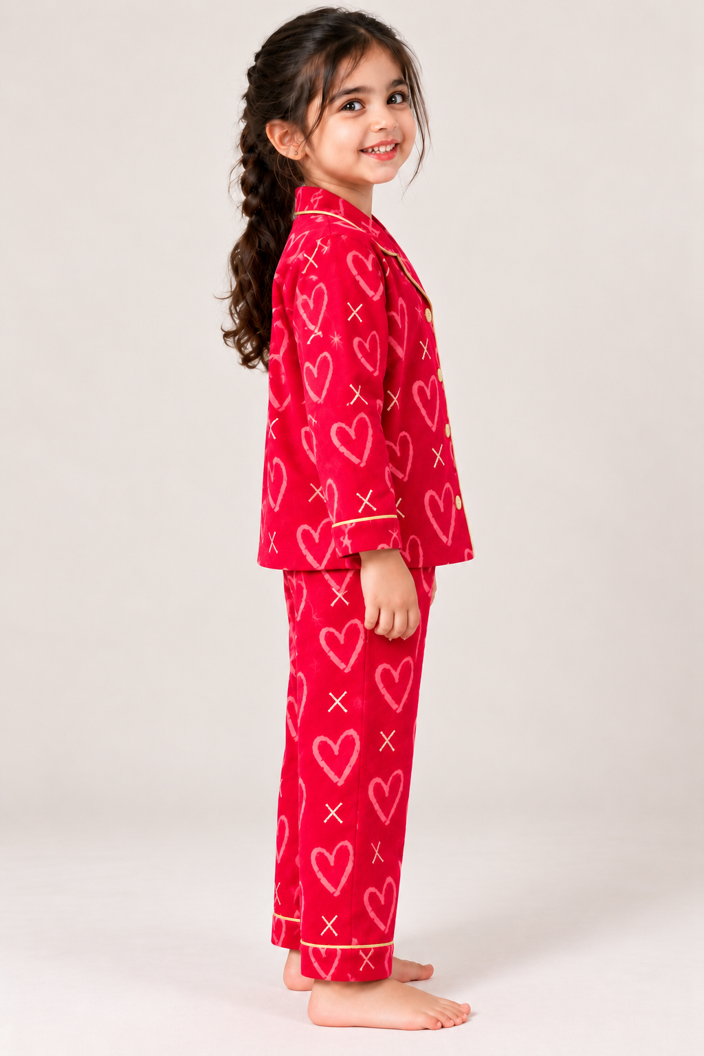 Red Heart Print Cotton Flannel Long Sleeve Kids Night Suit