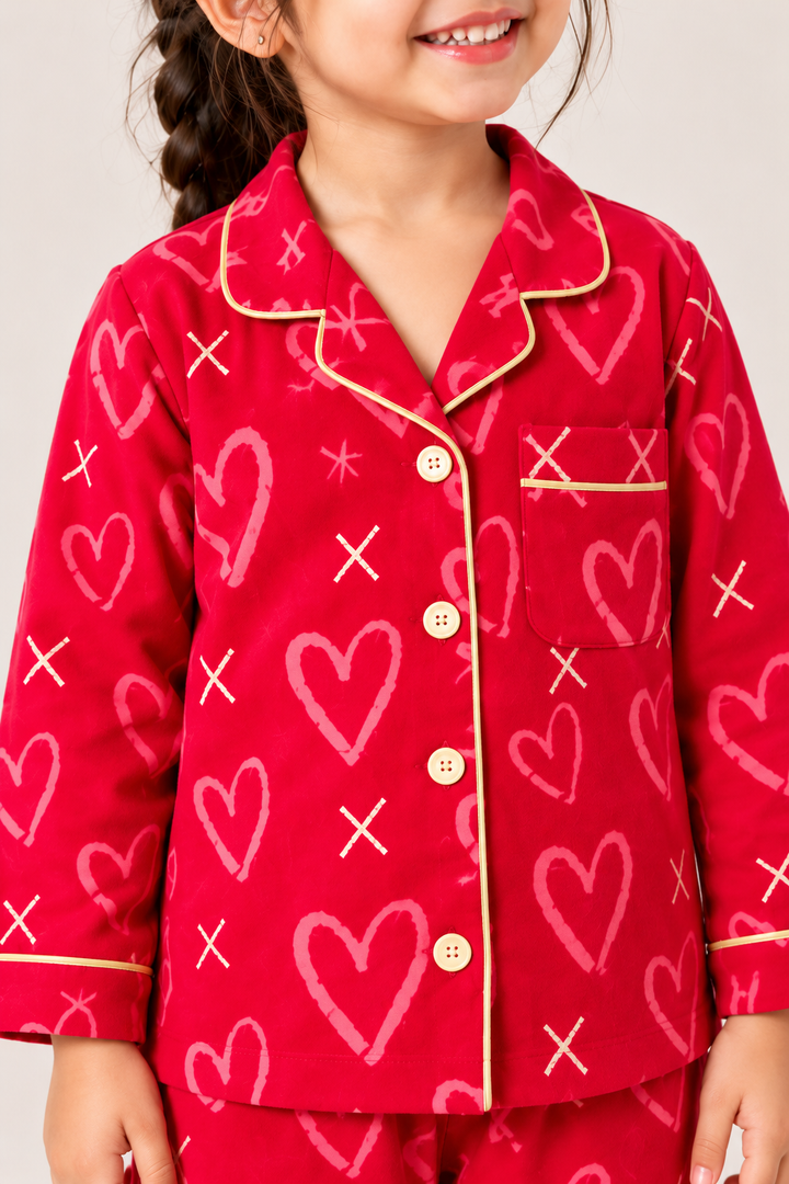 Red Heart Print Cotton Flannel Long Sleeve Kids Night Suit