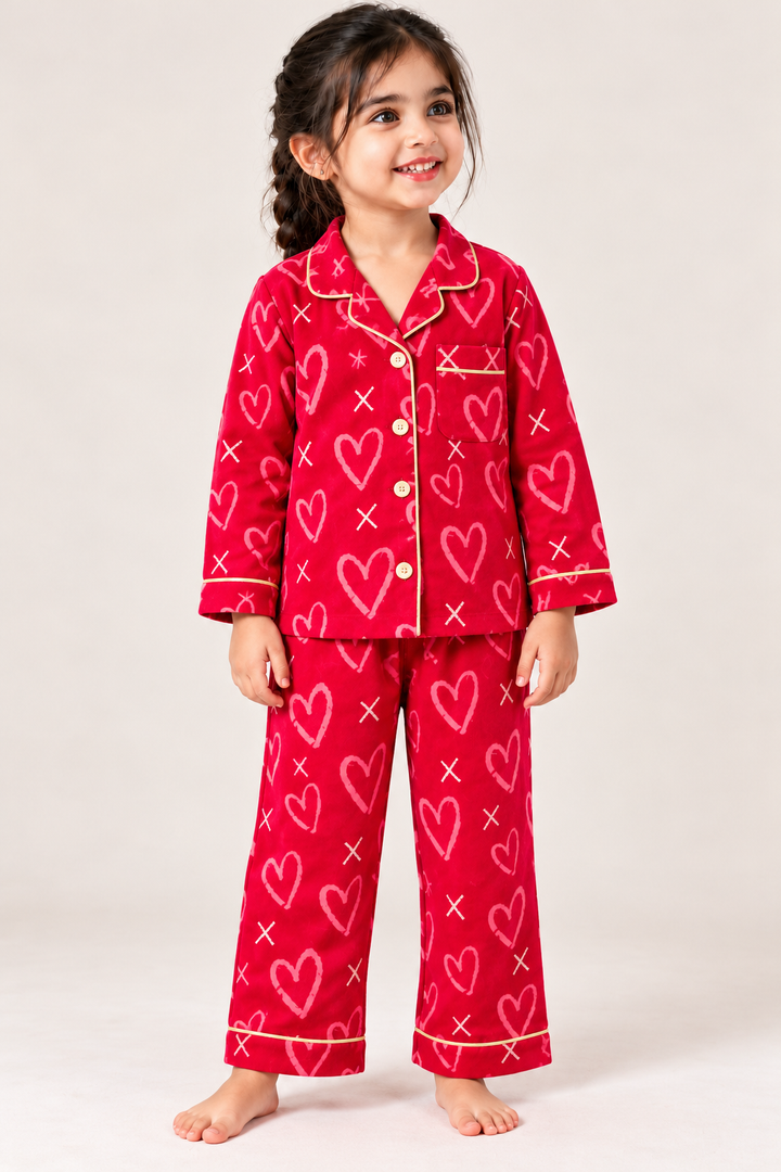 Red Heart Print Cotton Flannel Long Sleeve Kids Night Suit