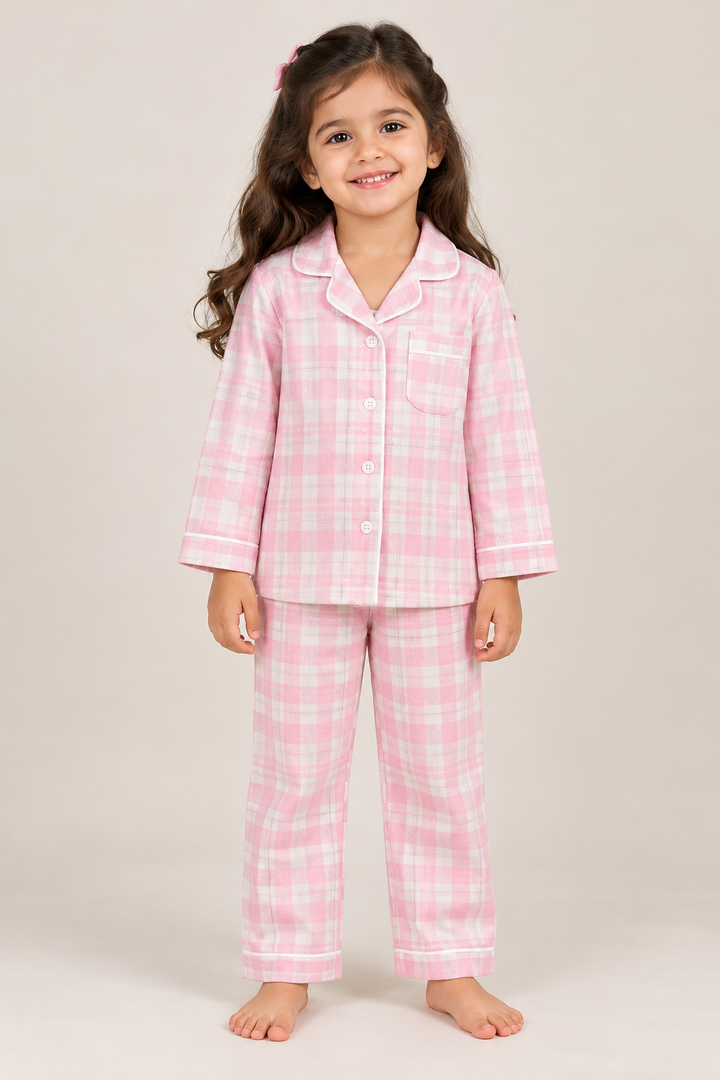 Cozy Charm Pink Checks Cotton Flannel Long Sleeve Kids Night Suit