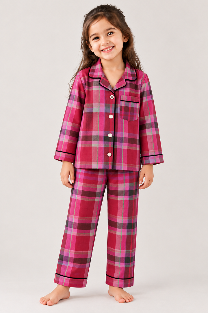 Midnight Magenta Plaid Cotton Flannel Long Sleeve Kids Night Suit