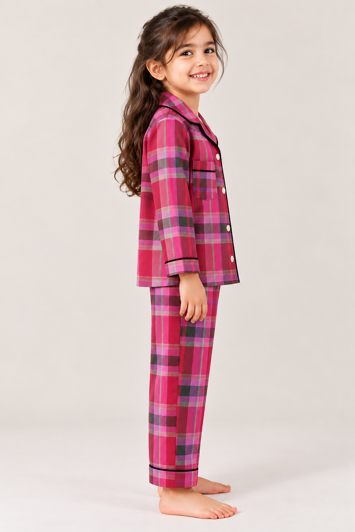Midnight Magenta Plaid Cotton Flannel Long Sleeve Kids Night Suit