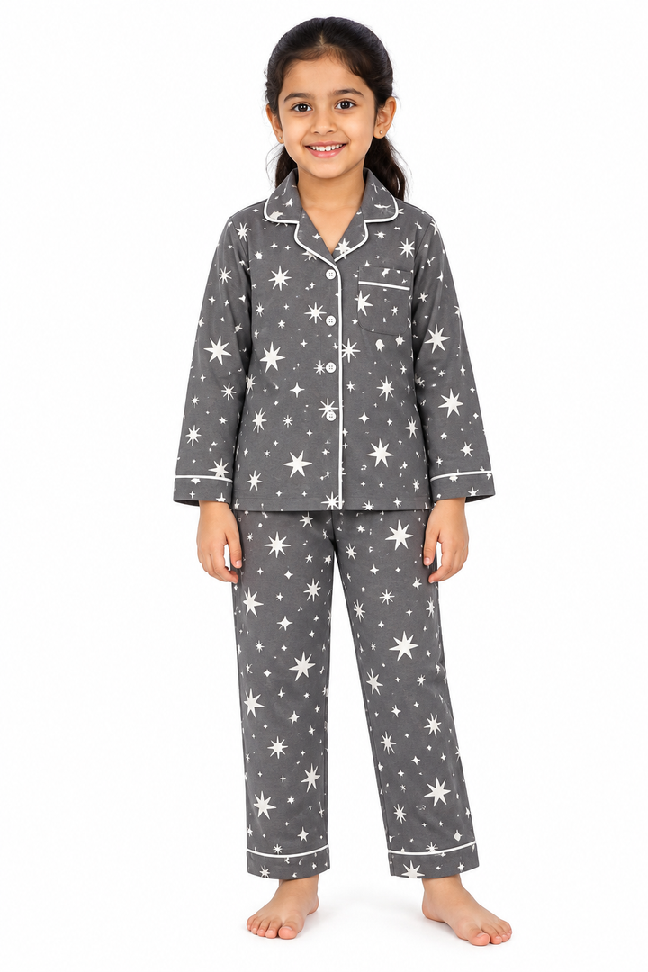 Grey Starry Nights Cotton Flannel Long Sleeve Kids Night Suit