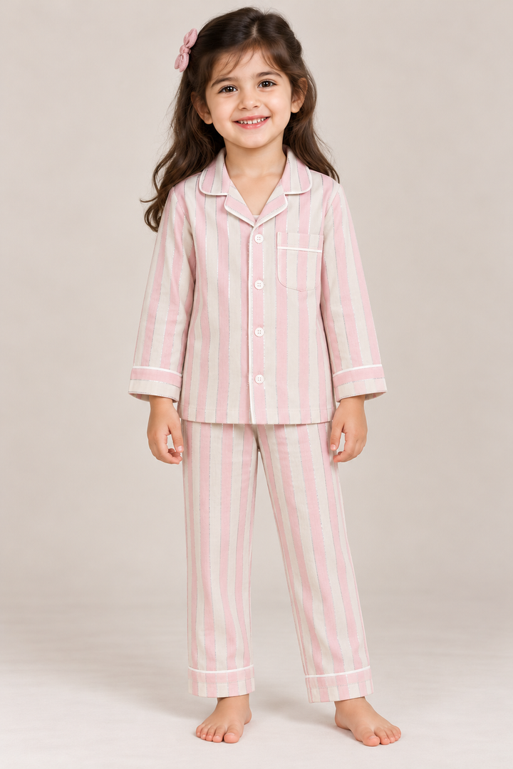 Sweet Dreams Pink Stripe Cotton Flannel Long Sleeve Kids Night Suit