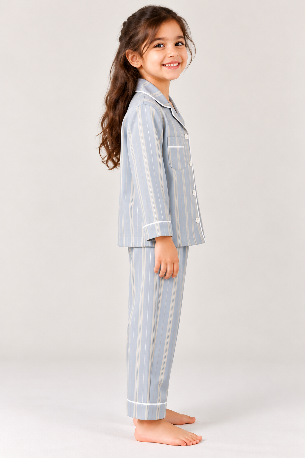 Blue Whisper Striped Cotton Flannel Long Sleeve Kids Night Suit