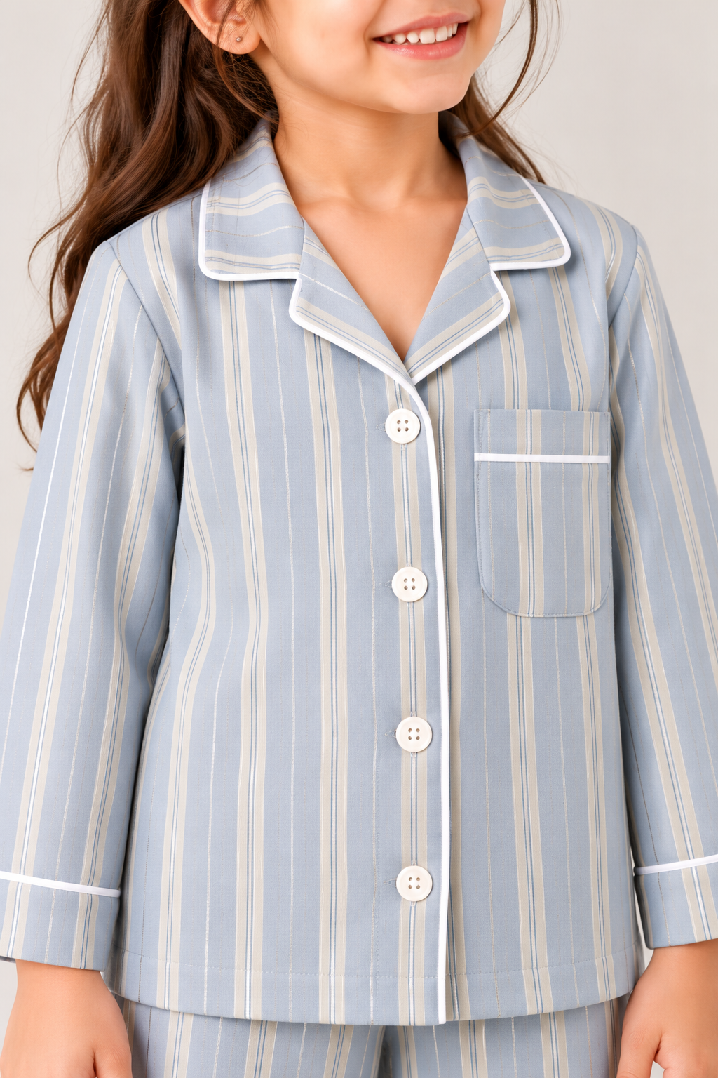 Blue Whisper Striped Cotton Flannel Long Sleeve Kids Night Suit