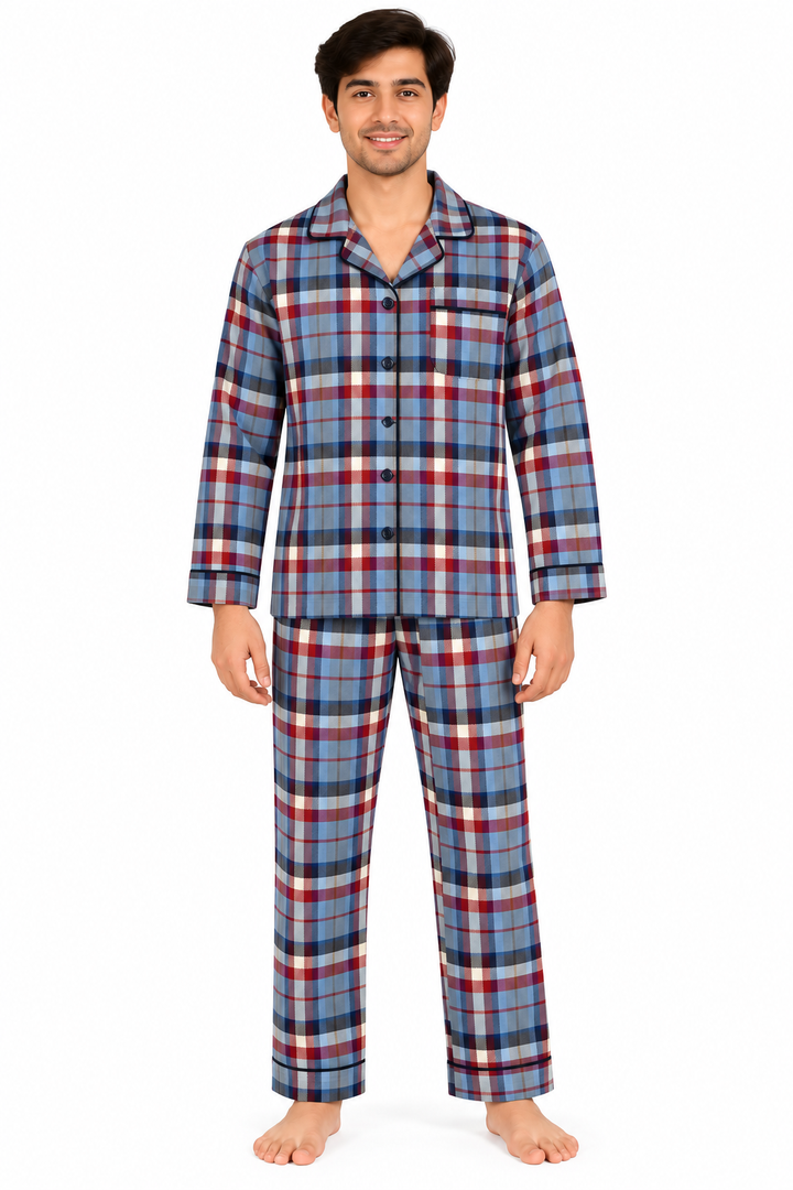 Blue Tartan Check Cotton Flannel Long Sleeve Men's Night Suit