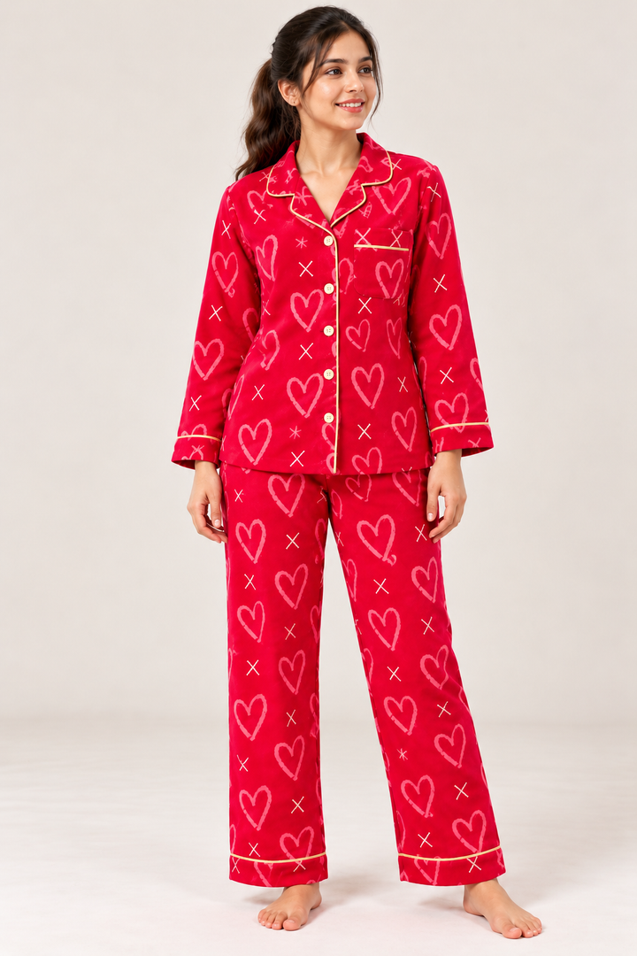 Red Heart Print Cotton Flannel Long Sleeve Women's Night Suit