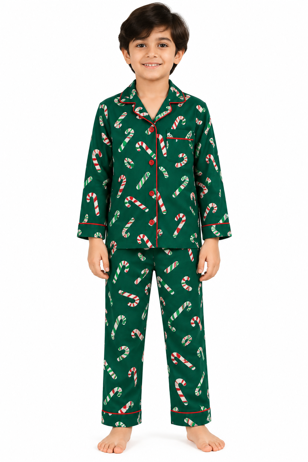 Festive Candy Cane Cotton Flannel Long Sleeve Kids Night Suit