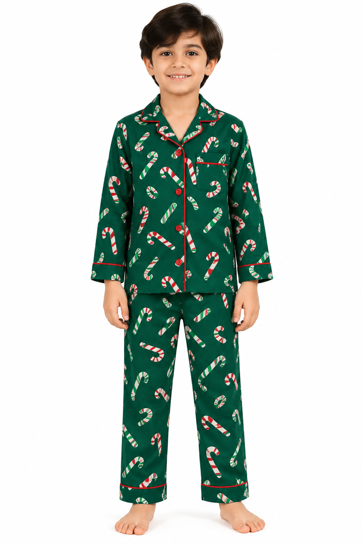 Festive Candy Cane Cotton Flannel Long Sleeve Kids Night Suit