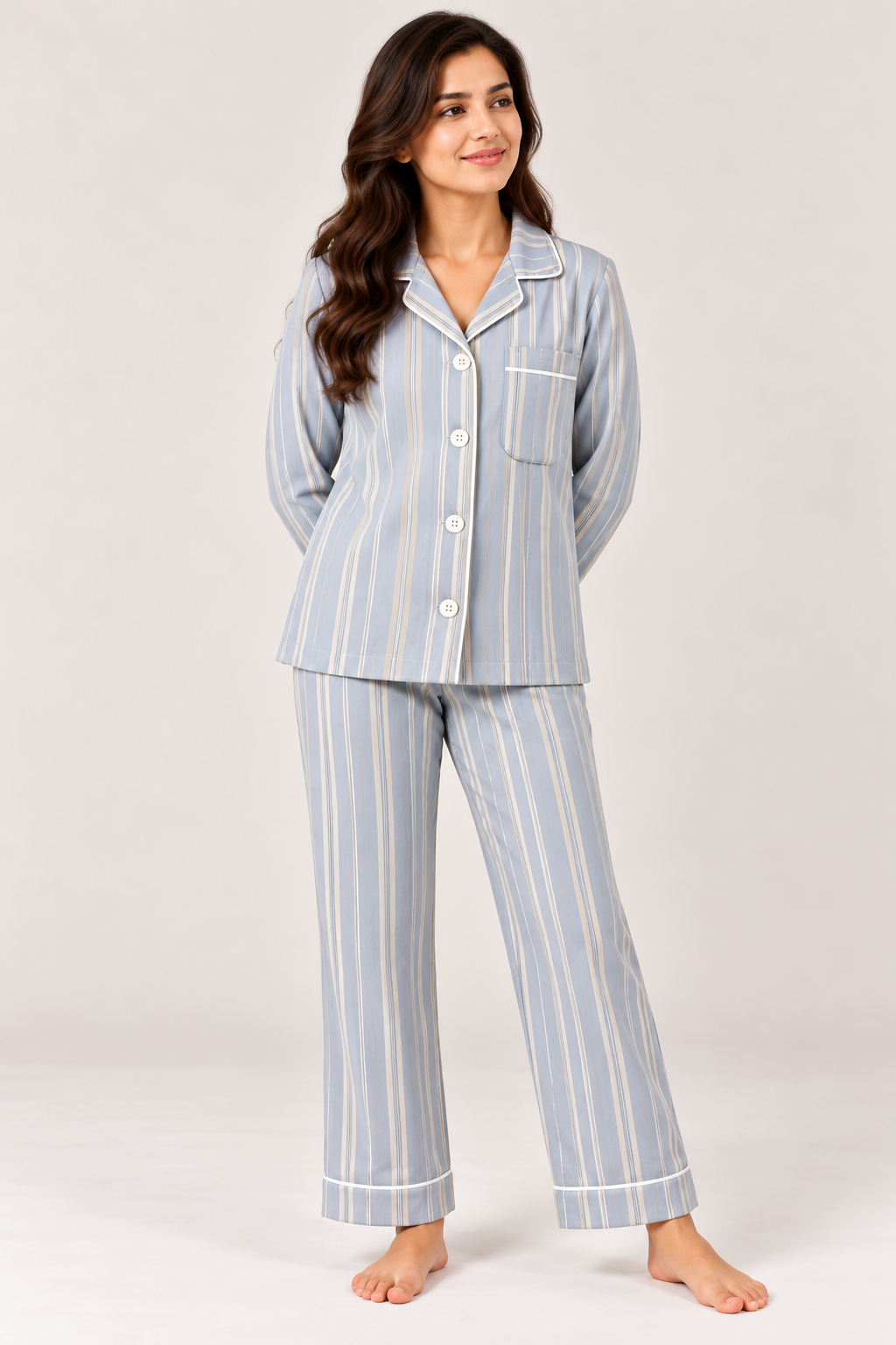 Blue Whisper Striped Cotton Flannel Long Sleeve Women's Night Suit
