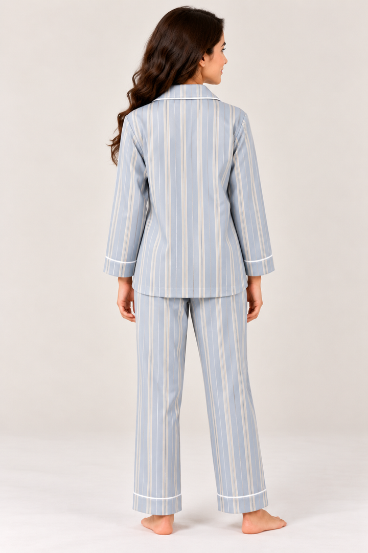 Blue Whisper Striped Cotton Flannel Long Sleeve Women's Night Suit