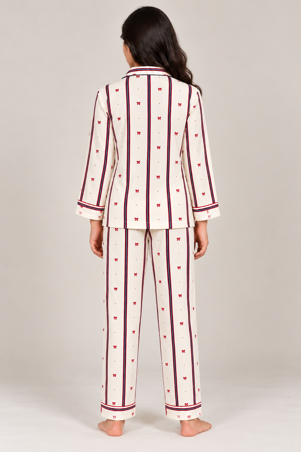 Pretty Bow Stripes Cotton Flannel Long Sleeve Women's Night Suit