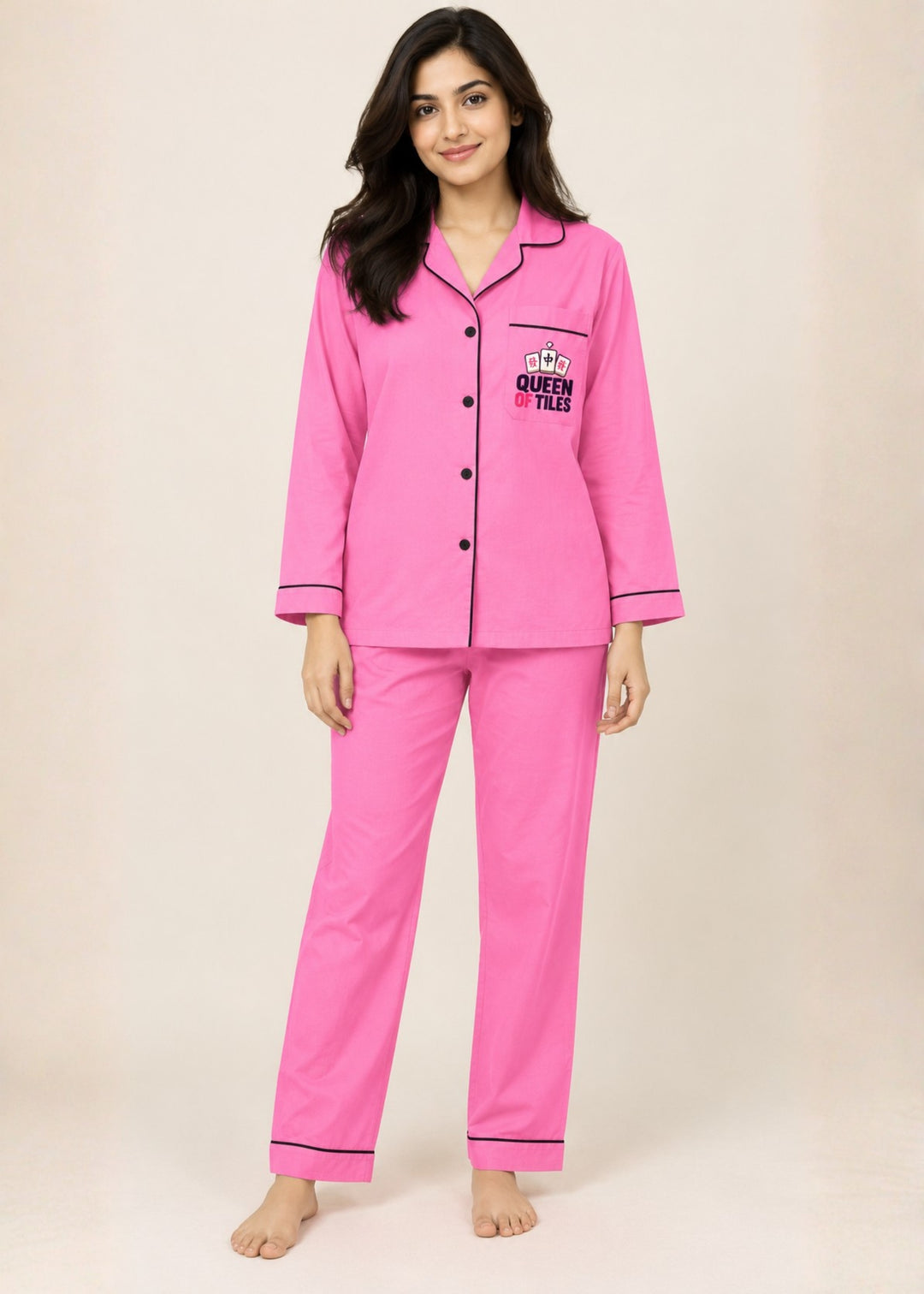 Queen of Tiles Print  Long Sleeve Women's Night Suit