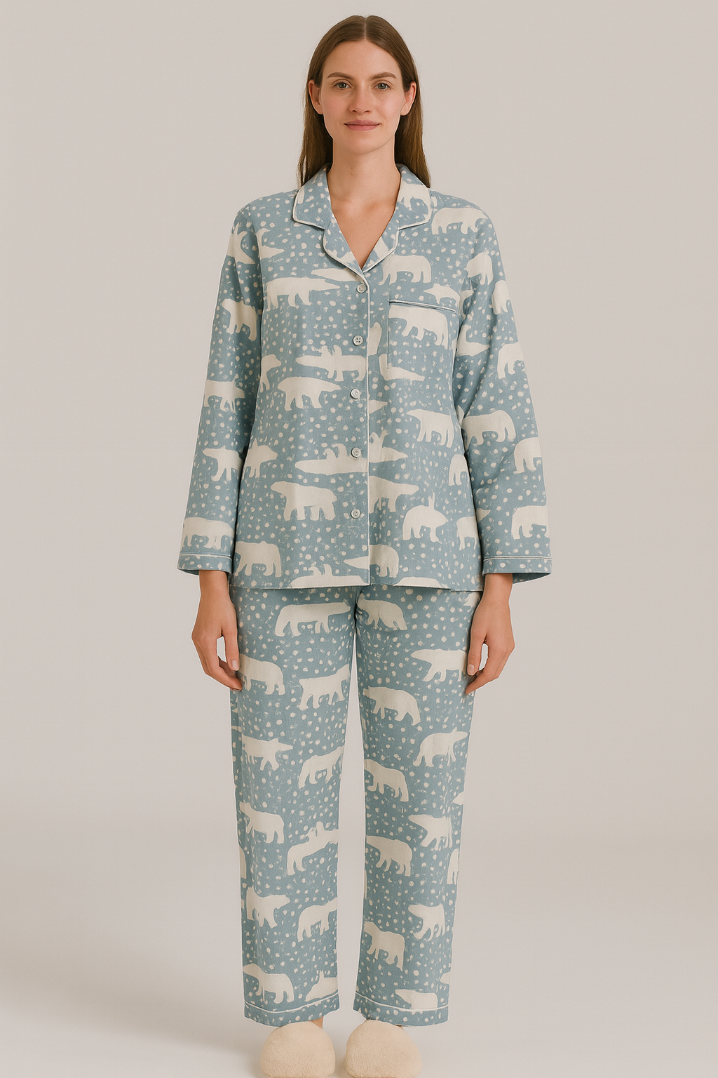 White Polar Bear Cotton Flannel Long Sleeve Women's Night Suit