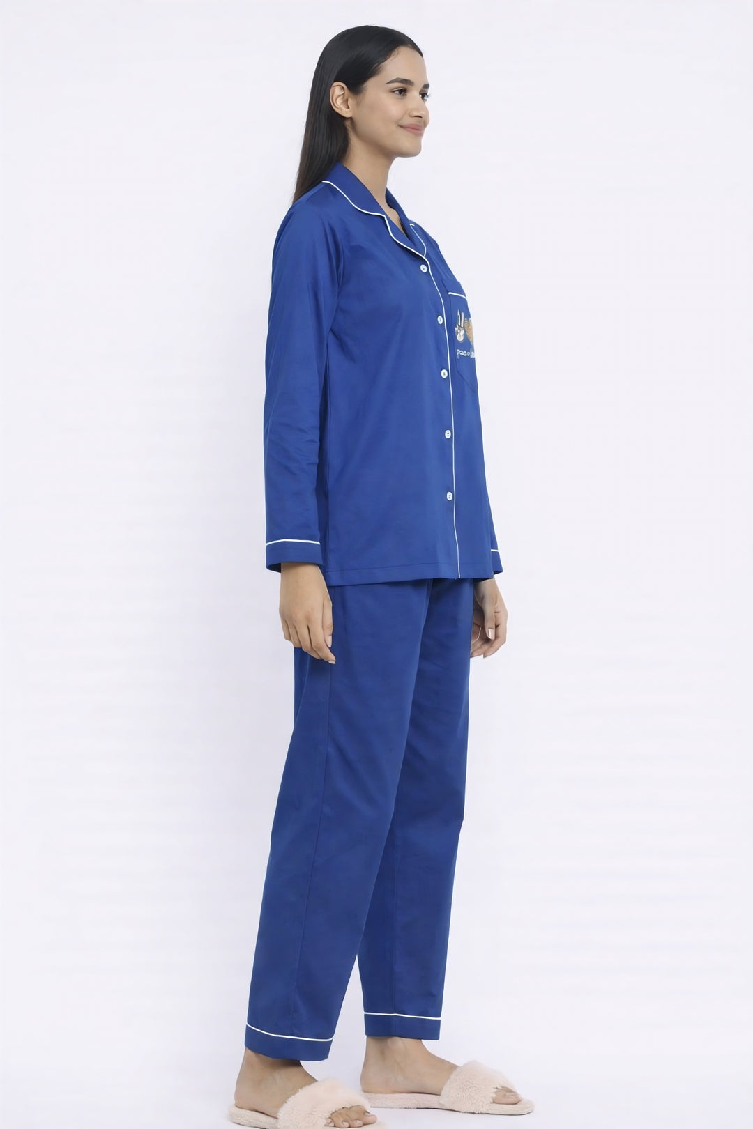 Peace and Coffee Navy Print Long Sleeve Women's Night Suit