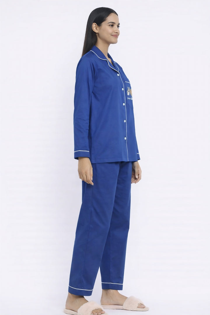 Peace and Coffee Navy Print Long Sleeve Women's Night Suit