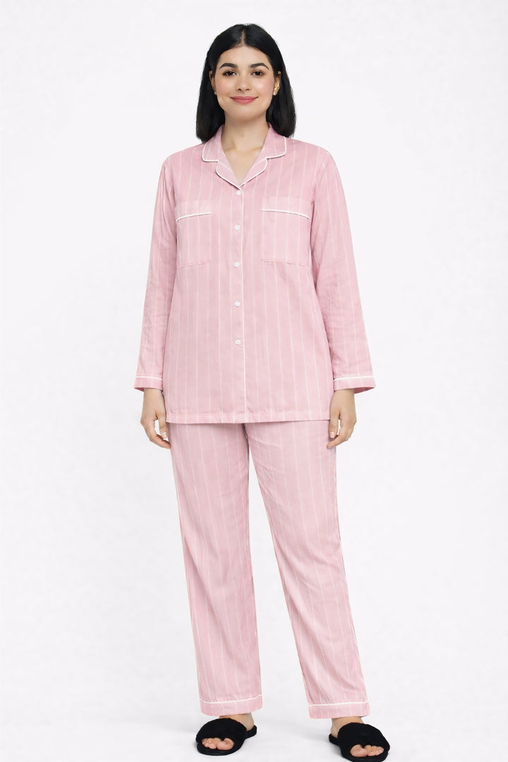 Pretty Stripe Print Long Sleeve Women's Night Suit