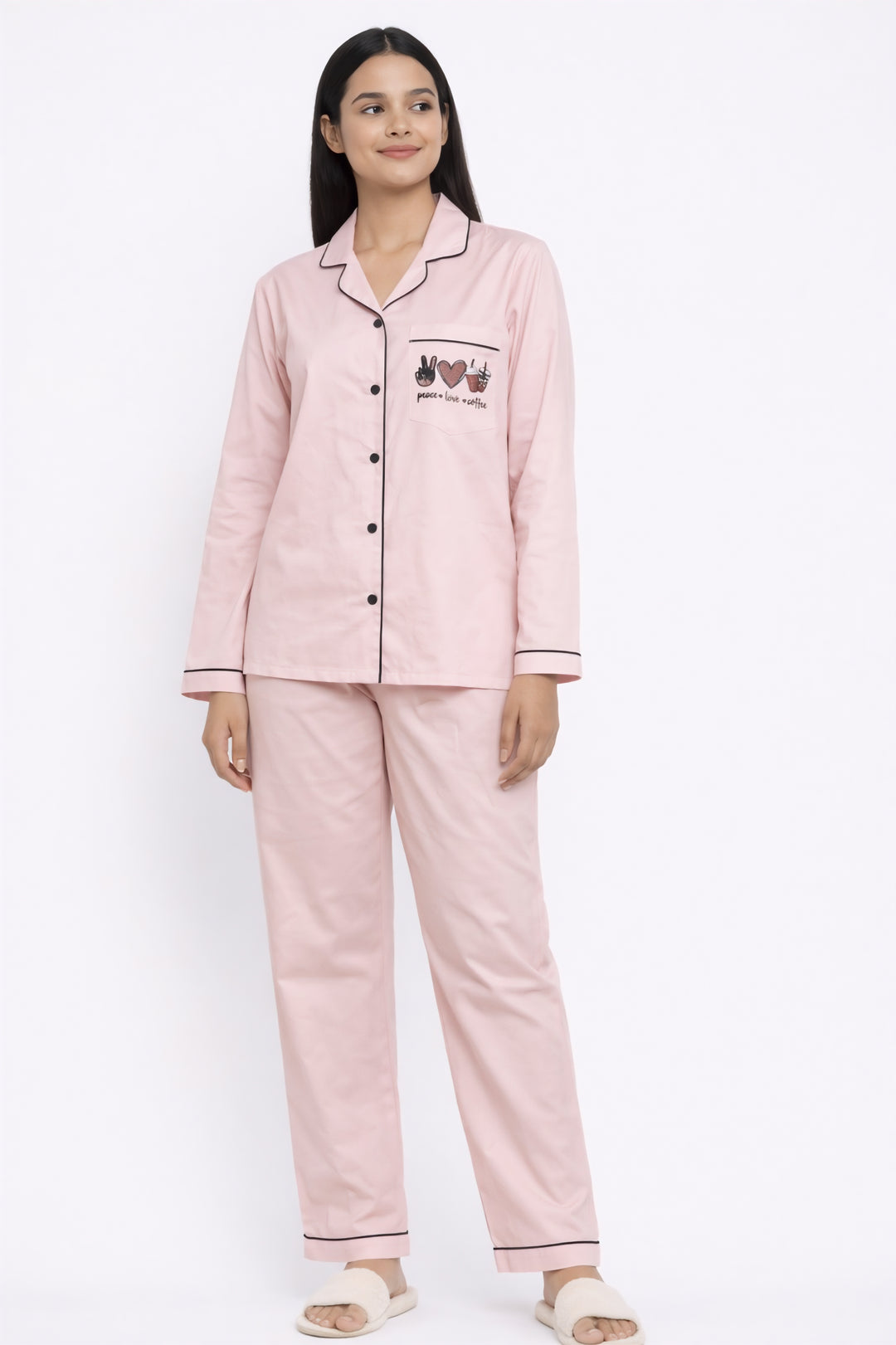 Peace and Coffee Print Long Sleeve Women's Night Suit