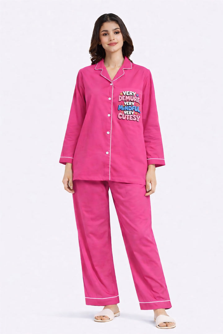 Demure And Cutesy Print Long Sleeve Women's Night Suit