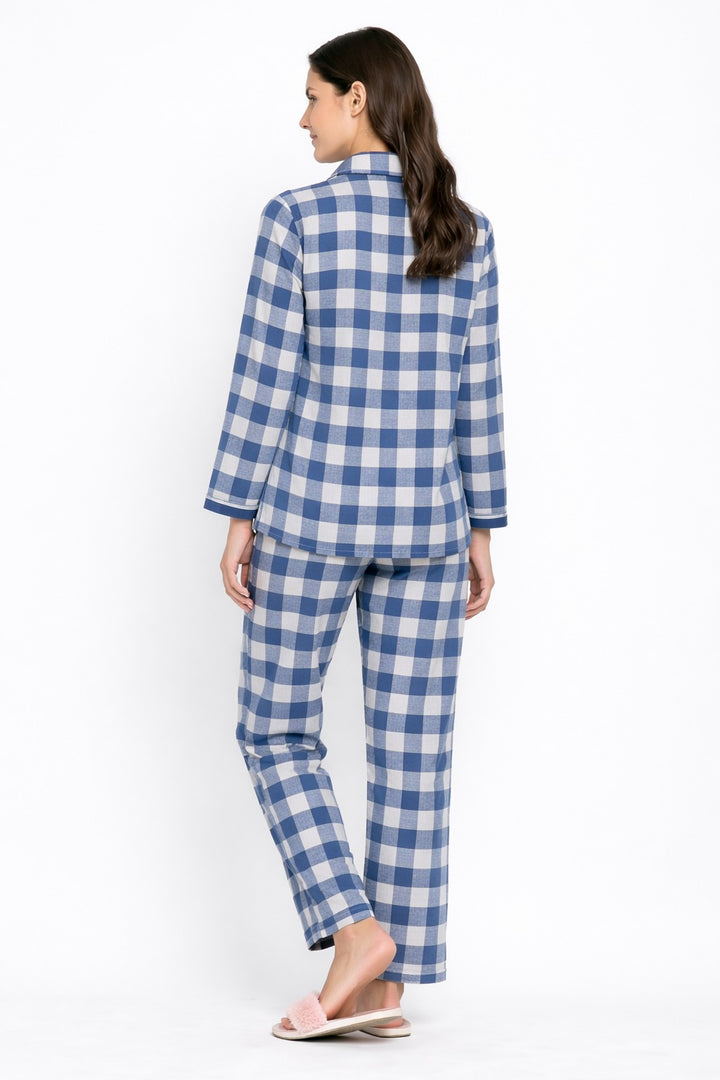 Blue Gingham Print Long Sleeve Women's Night Suit