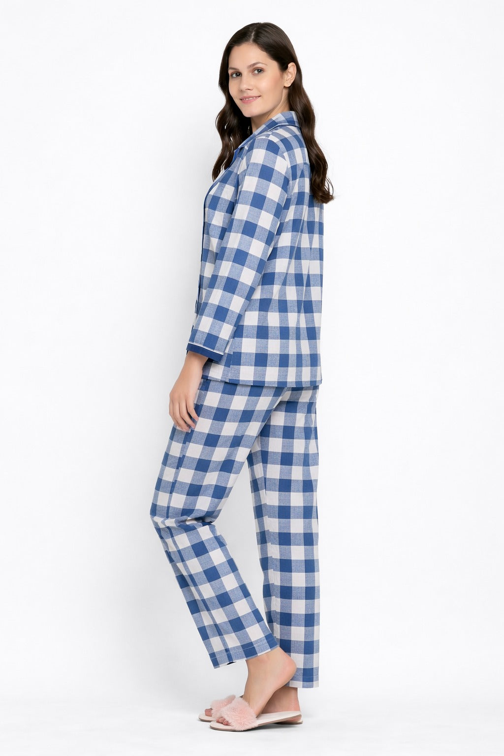 Blue Gingham Print Long Sleeve Women's Night Suit
