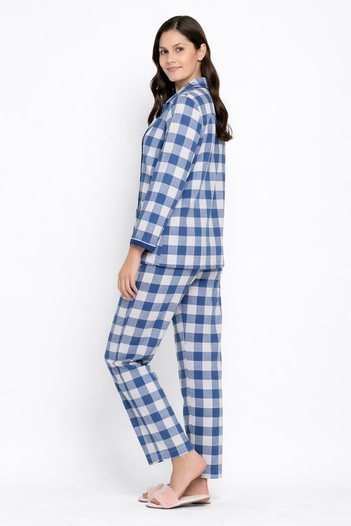 Blue Gingham Print Long Sleeve Women's Night Suit