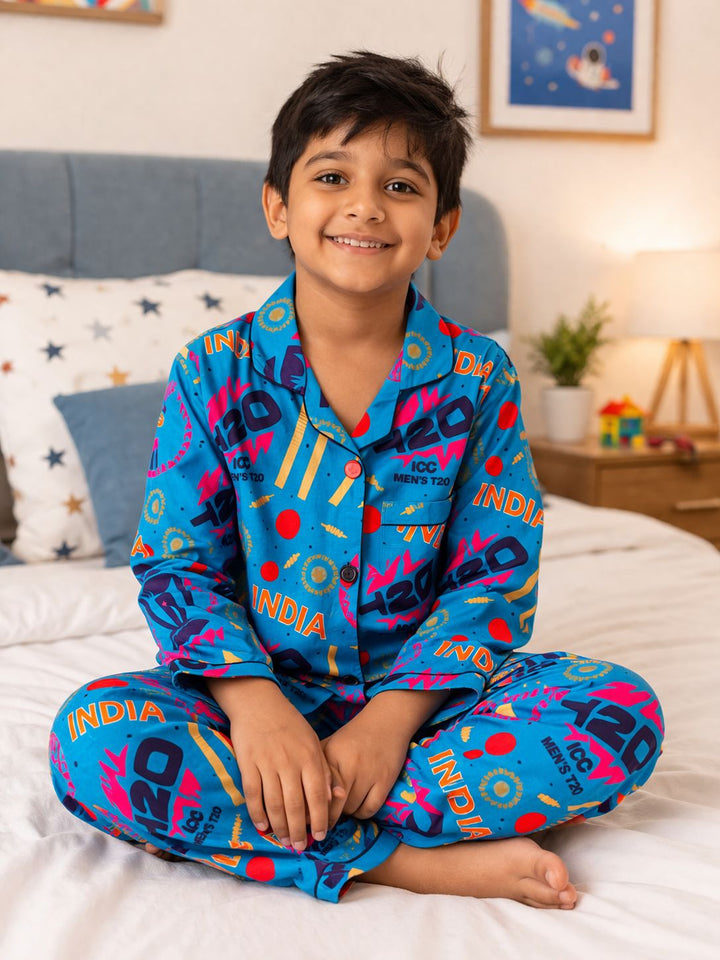 Cricket Print Long Sleeve Kids Night Suit
