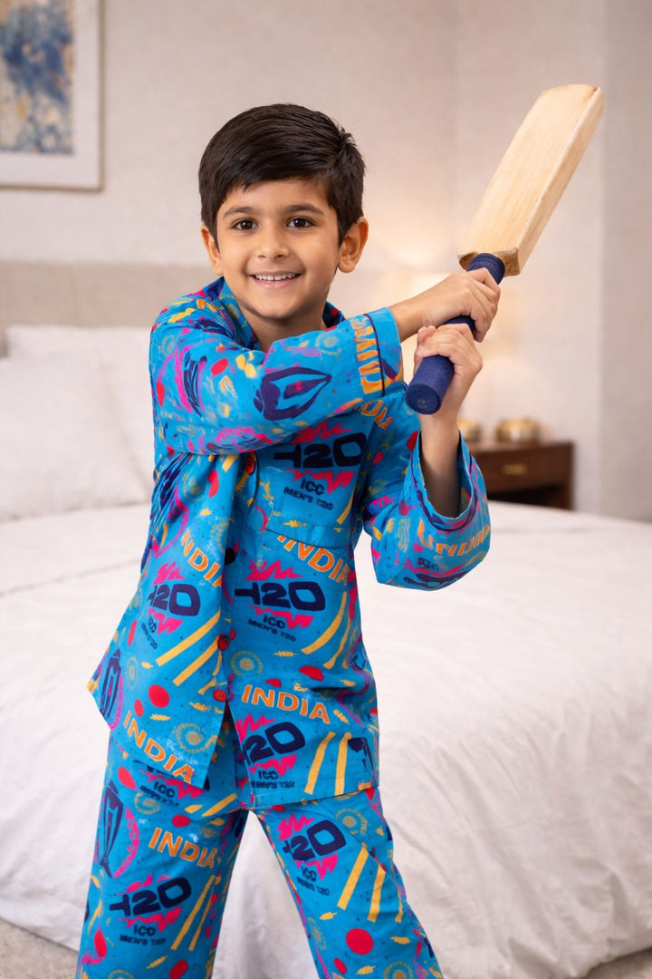 Cricket Print Long Sleeve Kids Night Suit