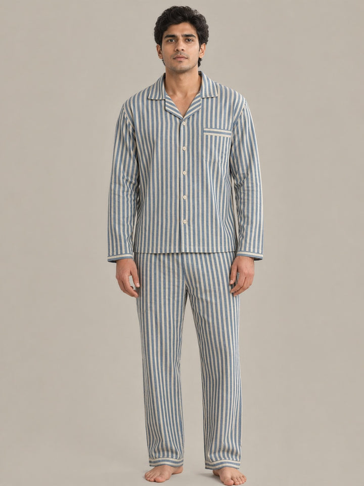 Classic Sky Stripe  Long Sleeve Men's Night Suit