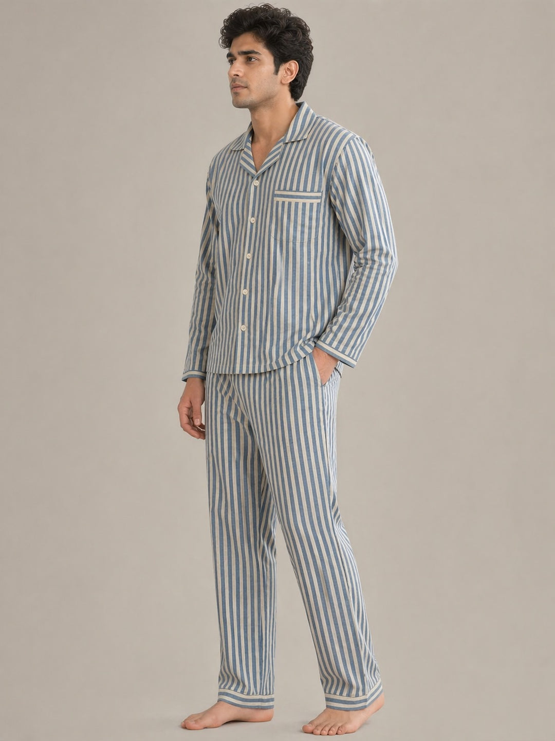 Classic Sky Stripe  Long Sleeve Men's Night Suit