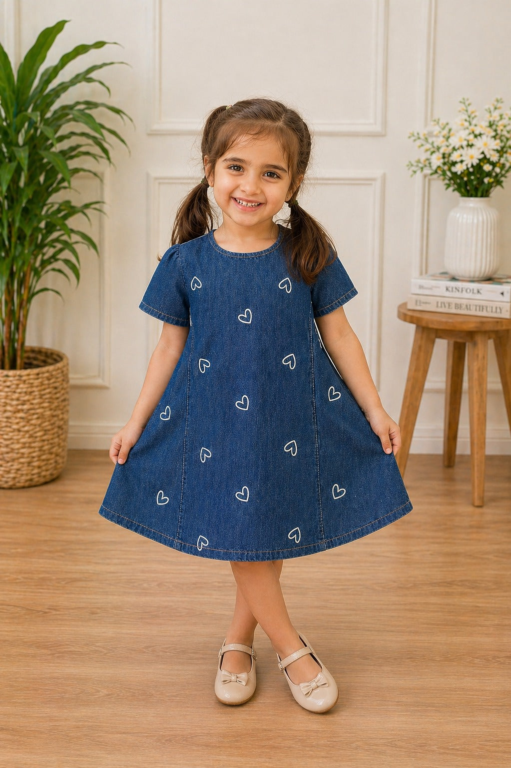 Denim heart print girls dress