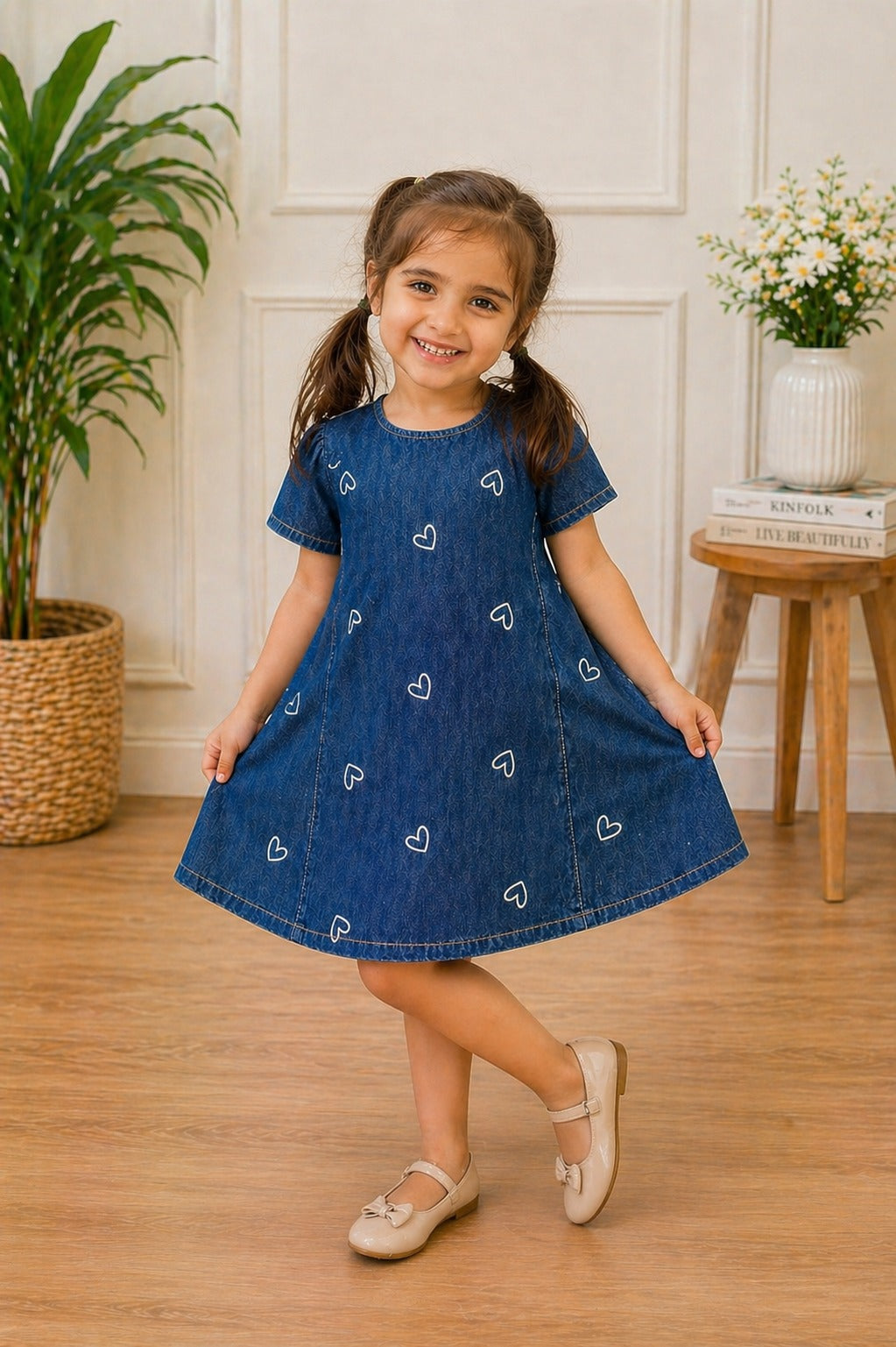 Denim heart print girls dress