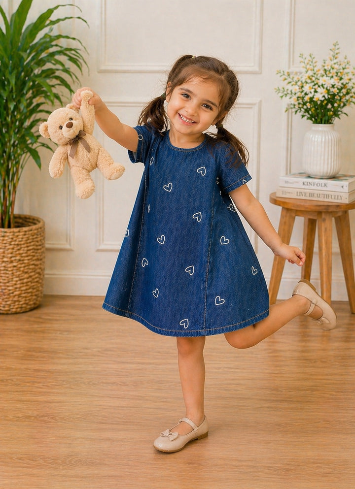 Denim heart print girls dress