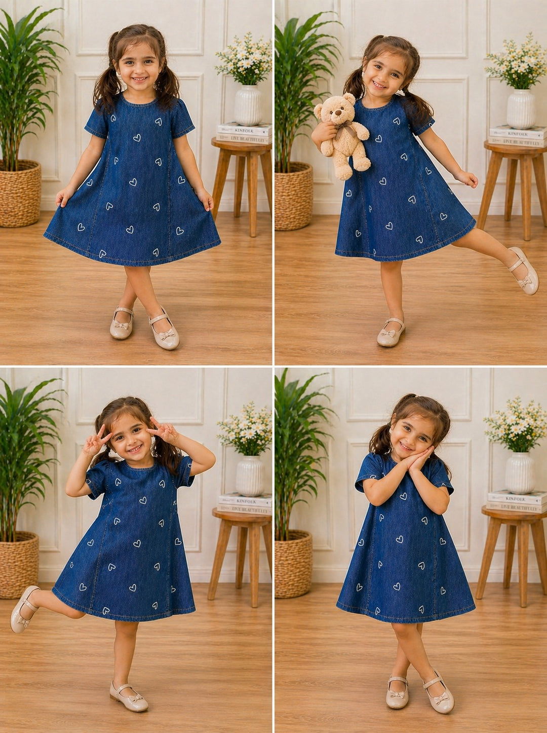 Denim heart print girls dress