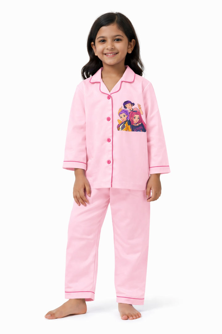 Pink K-Pop Demon Hunters Midnight Print Long Sleeve Kids Night Suit