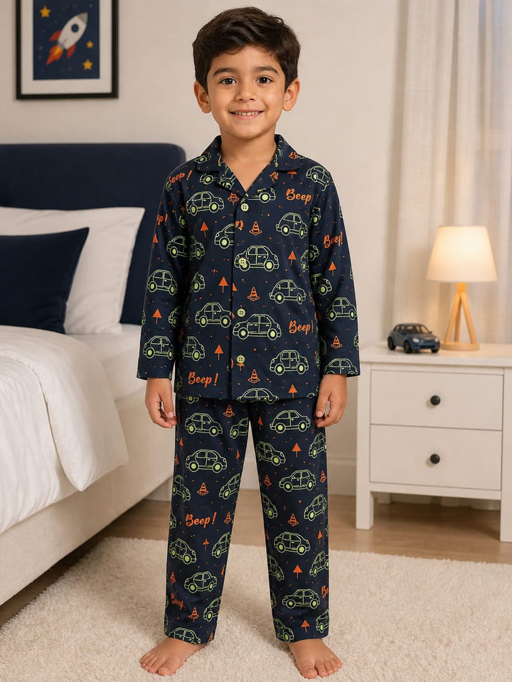 Tiny Wheels Glow In The Dark Navy Blue Print Long Sleeve Kids Night Suit