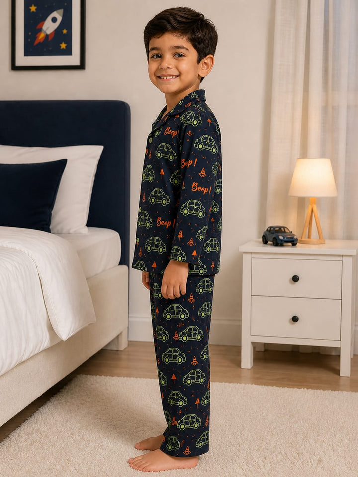 Tiny Wheels Glow In The Dark Navy Blue Print Long Sleeve Kids Night Suit