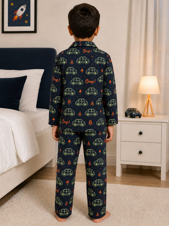 Tiny Wheels Glow In The Dark Navy Blue Print Long Sleeve Kids Night Suit