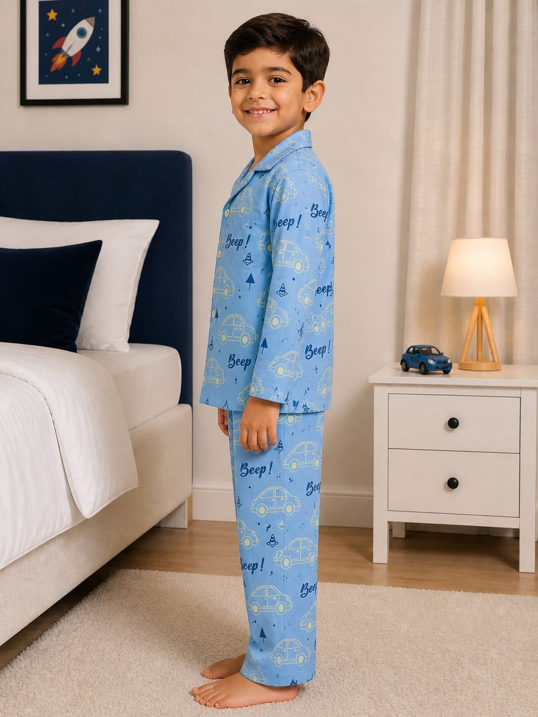 Tiny Wheels Glow In The Dark Light Blue Print Long Sleeve Kids Night Suit