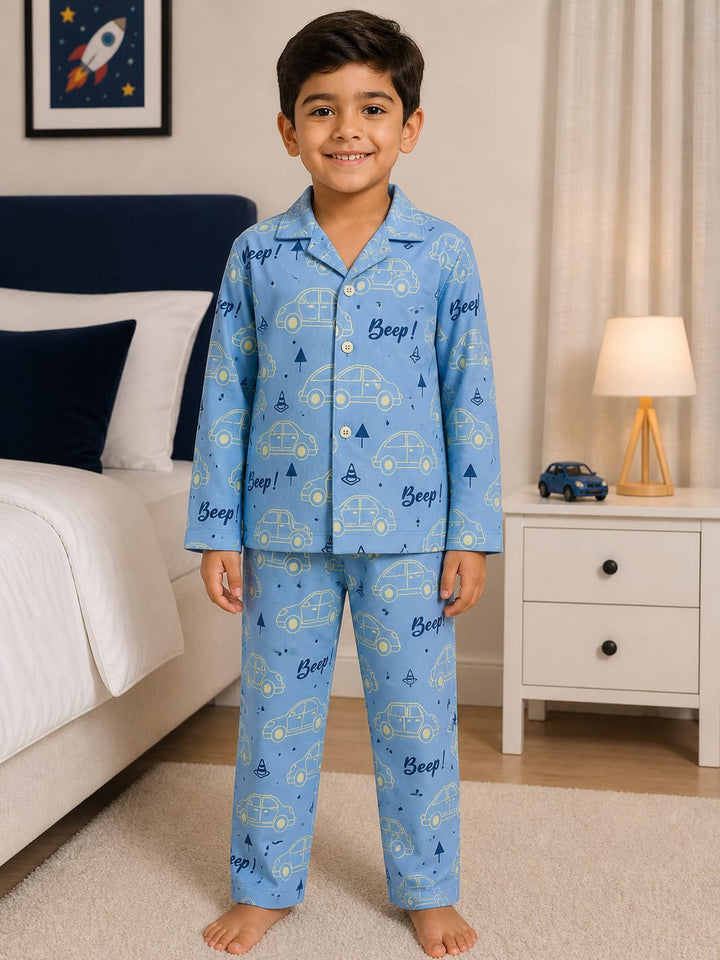 Tiny Wheels Glow In The Dark Light Blue Print Long Sleeve Kids Night Suit
